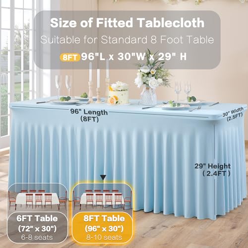 Image of 3 Packs Baby Blue Spandex Tablecloths for 8 Foot Rectangle Tables, Stretchy Fitted 8FT Blue Table Skirt for Wedding Party, Wrinkle Free Tablecloths for Banquet Wedding Birthday Party