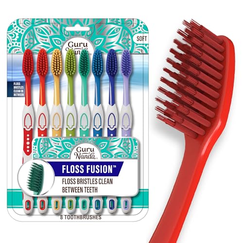 GuruNanda Floss Fusion Toothbrush with Dual Action Soft Flossing Bristles Ultra-fine Tapered Bristles for Deeper Cleaning BPA & PFAS-Free Manual Toothbrushes Assorted Colors 8 Count