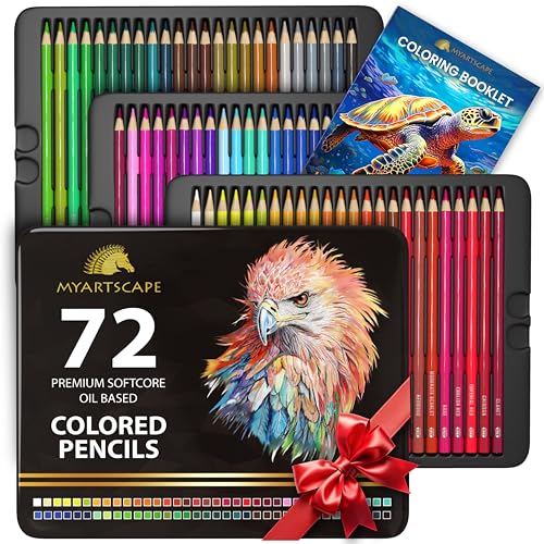 MyArtscape Oil Based Colored Pencils Set, 72 pcs Premium Color Pencils, Vibrant Colors, Break-Resistant Core, Art Kit with Adult Coloring Book