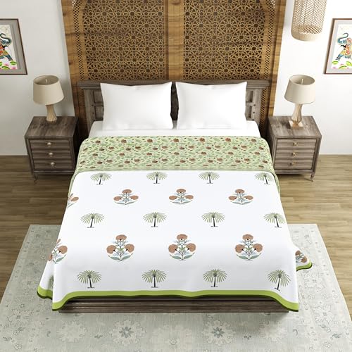 Image of BLOCKS OF INDIA 100% Cotton Dohar King Size Reversible Hand Block Printed Malmal Summer Dohar /Blanket (Open Green Motifs)