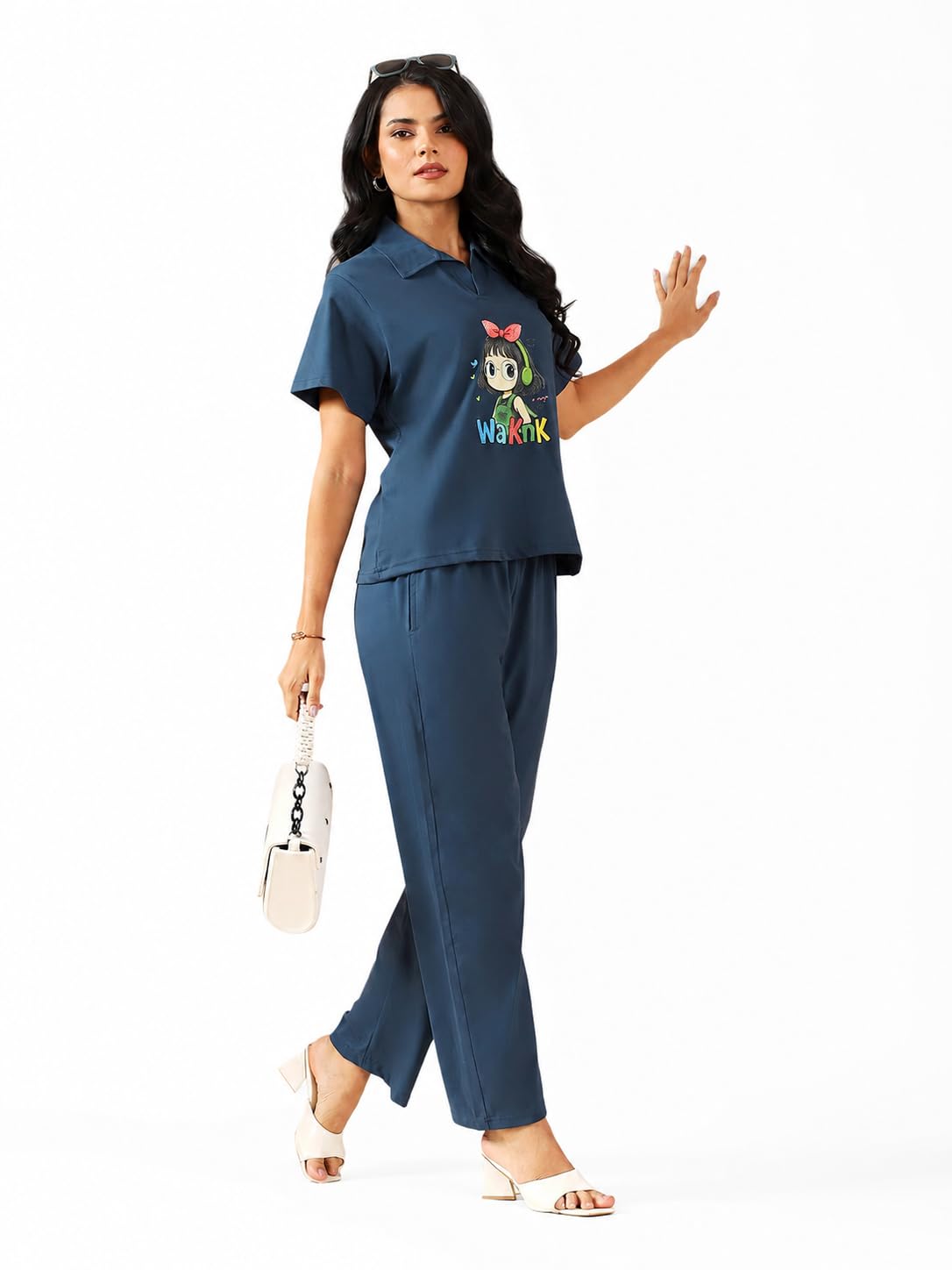 kvetoo Women Solid Tracksuit Set Cotton Lounge Wear Set Half Sleeve Polo T-Shirt & Straight Pant Casual Travel Outfit-picture-21
