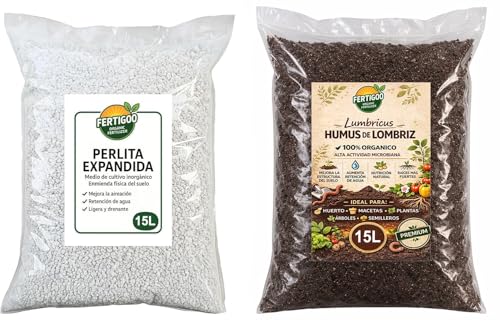 Fertigoo® Perlita 15L + Humus de Lombriz 15L | Aireación y Drenaje + Abono Orgánico | Ideal para Huerto, Macetas y Plantas Kit Profesional Completo 30L
