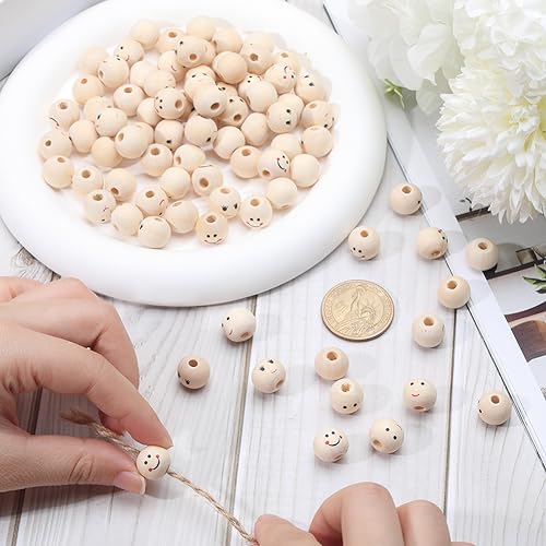 GORGECRAFT 150pcs 3 Styles Smile Wooden Beads 12mm Face Spacers with 2.9mm Hole for DIY Craft Bracelet Necklace Jewelry Making - Image 3