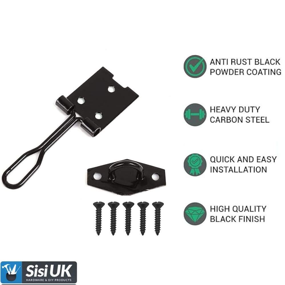 Sisi UK Wire Hasp and Staple 75mm (3inch) Black Heavy Duty Stainless Steel Wire Hasp and Staple Door Latch Lock for Cupboard Hutches Cages Sheds with Fixing Screws Pack of 2 - Image 4
