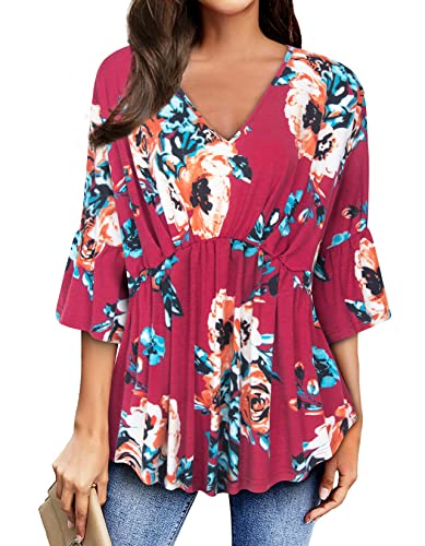 MOQIVGI Women's Floral Blouse, Red, X-Large