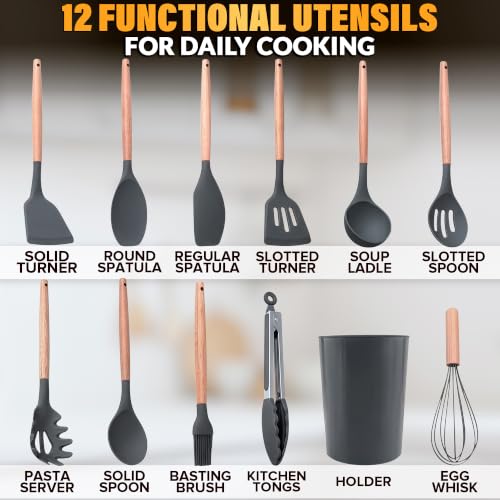 12 Pcs Cooking Kitchen Accessories Set with Holder, Silicone Heads (Gray) by V TOWER - Used condition - Image 2