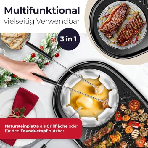 Foto von KESSER® 3in1 Raclette-Grill mit Naturgrillstein, Grillplatte und Fondue, Tischgrill für 8 Personen, Elektrogrill Raclette Grill antihaftbeschichteter Grillplatte, 8 Pfannen und Holzspatel