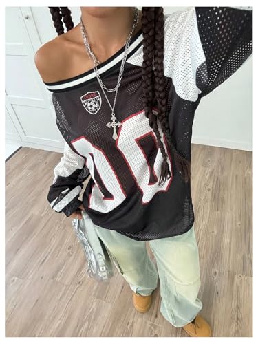 SHENHE Women's Oversized Mesh Jersey Shirt Y2k Long Sleeve Off Shoulder Graphic Tee Top3