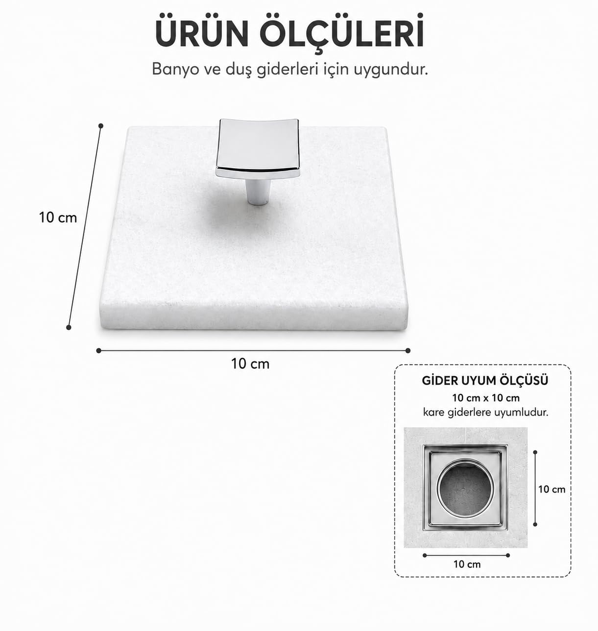 Orret Home Doğal Mermer Gider Kapağı Koku Önleyici 10x10 cm – Kare Mermer Gider Kapatıcı, Banyo Duş Gideri Koku Engelleyici, Dekoratif Taş Gider Örtüsü, Şık Banyo Gider Kapağı