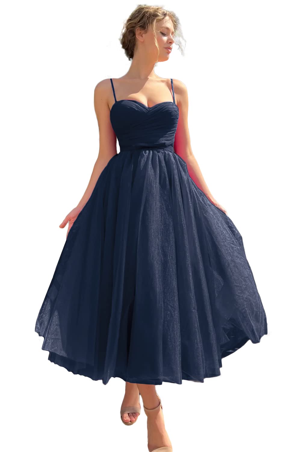 Sevintage Spaghetti Straps Tulle Prom Dress Tea Length Formal Party Evening Dress with Pockets