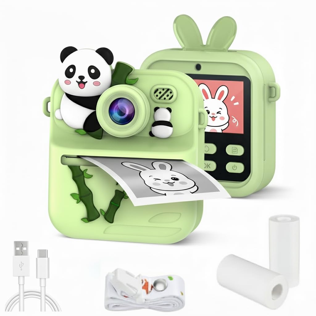 Cason Instant Camera for Kids with Print,1080P HD Instant Photo Camera with Dual Cameras,2 Print Rolls,Fun Filters for Creativity for 5-15 Years Kids Upto 32GB Memory (Green (Panda))-image-24