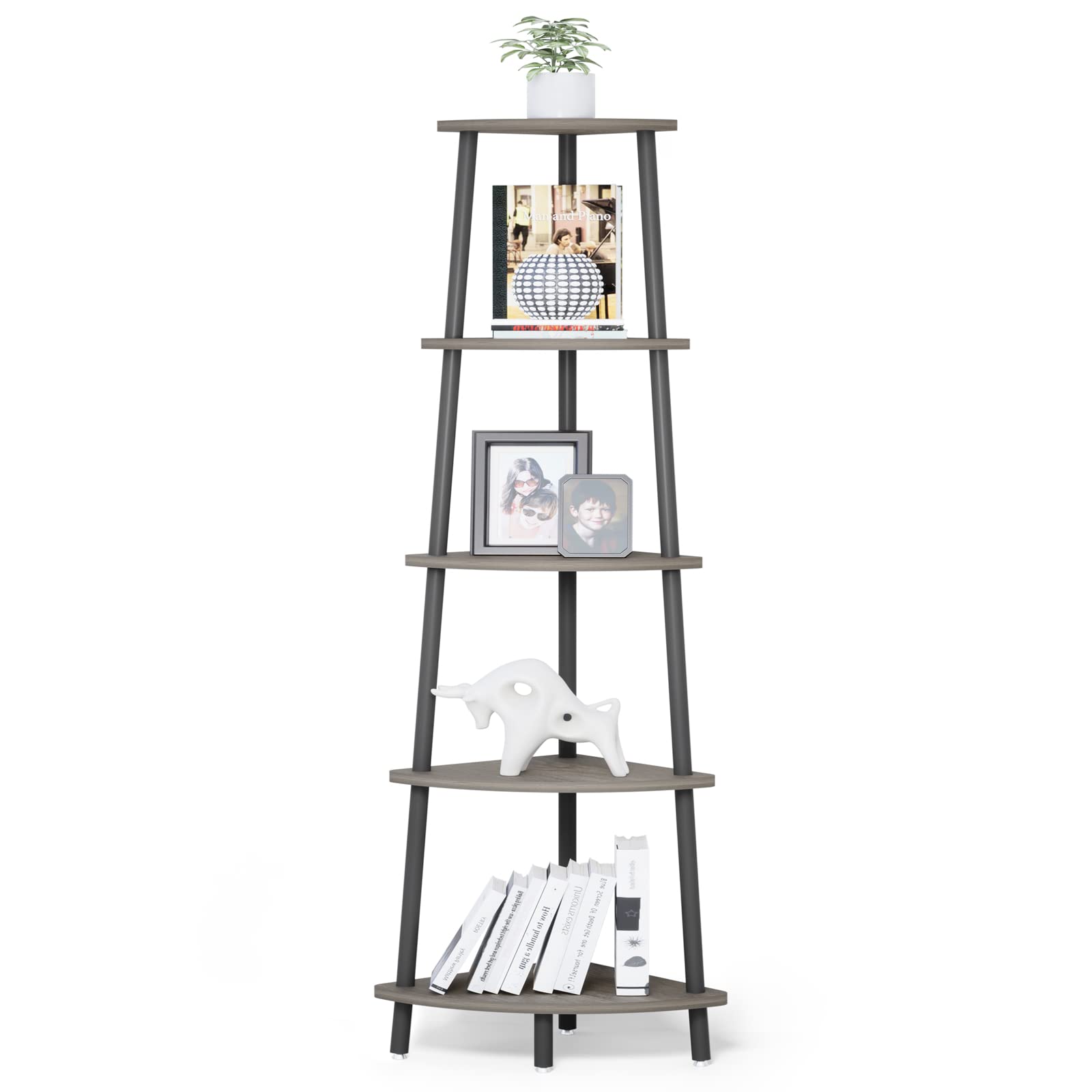 Realyoo 5-Tier Industrial Corner Shelf, Open Ladder Vintage Corner Bookshelf Stand, Wood and Metal Corner Bookcase, Leaning Modern Book Case for Office Home Living Room Bedroom Bathroom - Oak Gray