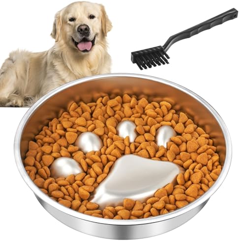 GZhaimai Anti Schling Napf Hund Edelstahl 304 – Rutschfester Slow Feeder für Große & Kleine Hunde mit Pfotenabdruck und Bürste