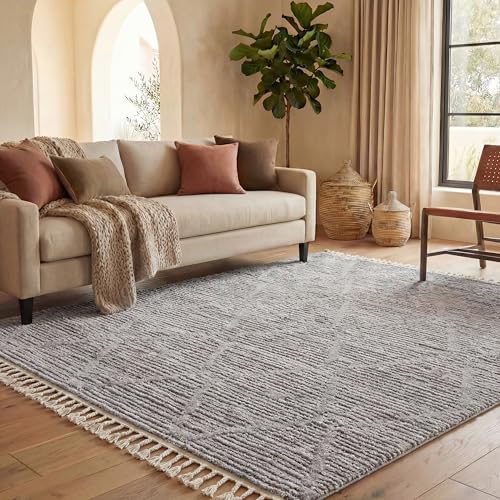 SAFAVIEH Marrakesh Collection Area Rug - 6'6" x 9', Grey, Moroccan Trellis Design with Tassel Detail, Non-Shedding & Easy to Clean, Ideal for Living Room, Bedroom, Dining Space (MRK517F)