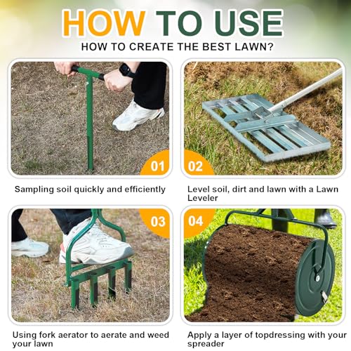 Lothee 4 Pcs Lawn Garden Care Set Includes 24 in Compost Spreader 42 in Hollow Fork Aerator 20 in Soil Sampler Probe 30 in Lawn Leveling Rake Peat Moss Spreader for Lawn Garden Yard Topsoil Care - Thumbnail 3