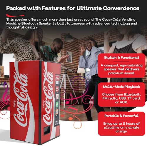 Coca-Cola Vending Machine Bluetooth Speaker, Dual 5W Speakers, Wireless Bluetooth v5.3, FM Radio, USB/MicroSD Playback, AUX Input, 10m Range, Rechargeable Battery, LED Indicator, Coca-Cola Licensed - Thumbnail 4