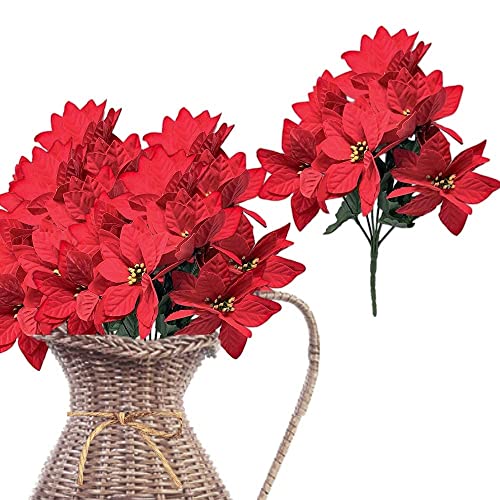 Banberry Designs Poinsettia Flower Picks Set Of 4 Bunches 7 Flowers Each - Approximately 11" H Red Floral Christmas Decorations #TOP6