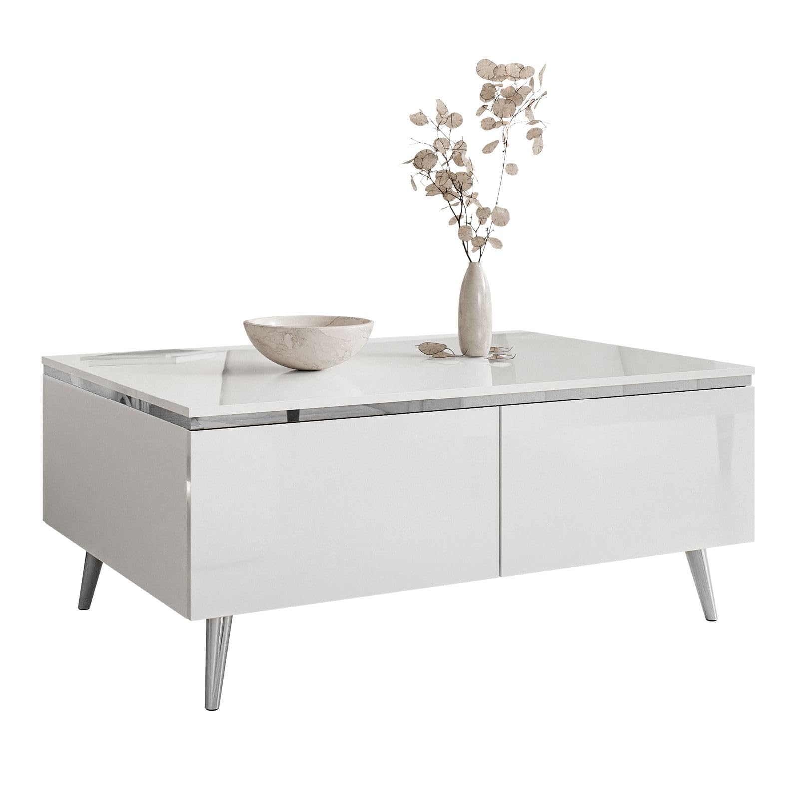 Lookway Couchtisch Aurora Silver mit Stauraum, silberner Dekorleiste und passenden Füßen – Modernes Wohnzimmermöbel (schräge Silber Chrom Beine)