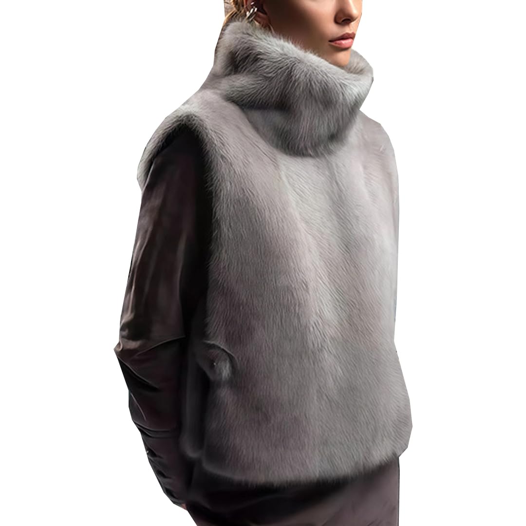 Fur Vest for Women Turtleneck Sleeveless Tie Side Pullover Faux Fur Vest Fur Top Winter Warm Outwear