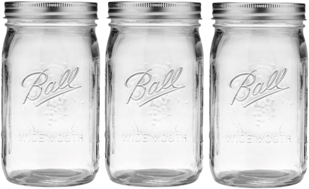Wide Mouth Glass Mason Jars with Lids and Bands, Used for Canning, Pickling, Juice, Jam, Jelly, Quart Size 32 Ounce (Pack of 3)