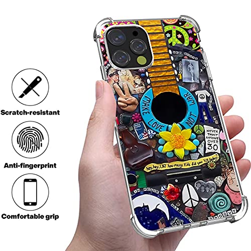 Hippie Phone Case For Iphone 12/12 Pro,Cute Hippie Colorful Abstract Guitar Peace Pattern For Iphone 12/12 Pro Case For Women/Girl,Soft Tpu Bumper Shockproof Cool Trendy Cover Case For Apple Iphone #TOP2
