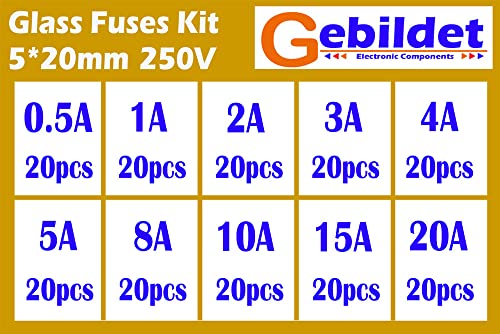 Gebildet 200 Piezas 5x20mm Fusible de Tubo de Vidrio de rápido Soplo, fusibles de Tubo de Vidrio de Coche de soplado rápido Kit clasificado (AMP 0.5A 1A 2A 3A 4A 5A 8A 10A 15A 20A Cada 20piezas)