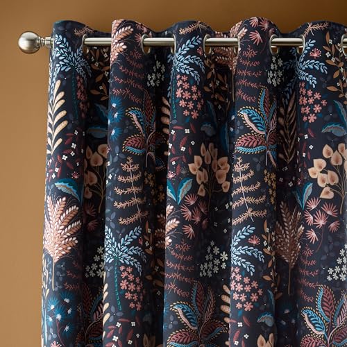 Catherine Lansfield Exotic Leaves Soft Recycled Polyester Velour 46x54 Inch Eyelet Curtains Two Panels Black