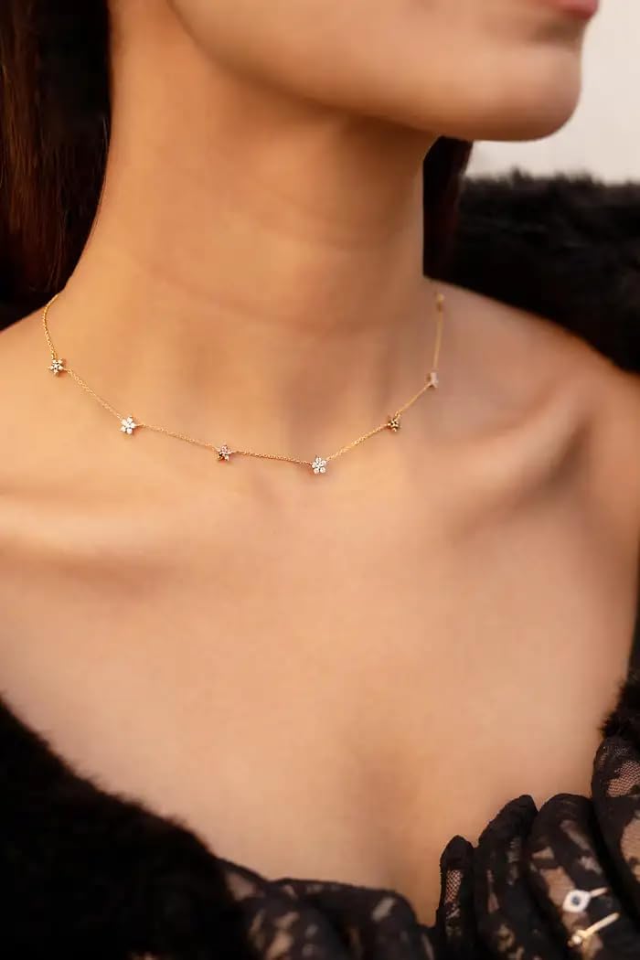 VR Jewels 14k Yellow Gold Brown White Diamond Dainty Flower Chain Necklace- Flower Station Necklace For Women- Birthday Gift