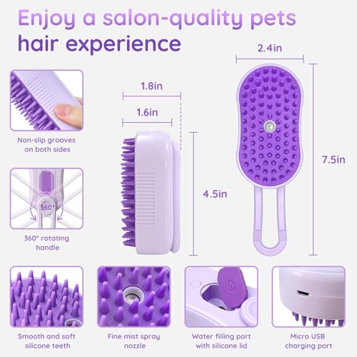 Image of GKZ Cat Steam Brush, 3 in 1 Pet Comb for Massage, Cleaning, Shedding and Combing, Electric Mist to Prevent Flyaways for Home, Dogs and Cat Lovers - Purple