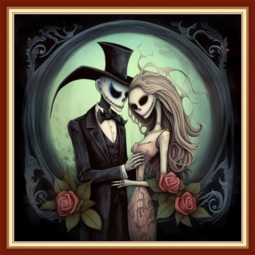 Image of Dooxvey Cross Stitch Kits for Adult Beginners - Full Range of Stamped Kits, Needlepoint & Embroidery Kits - 11CT Cross Stitch Patterns - Skeleton Couple - 18x18 inch