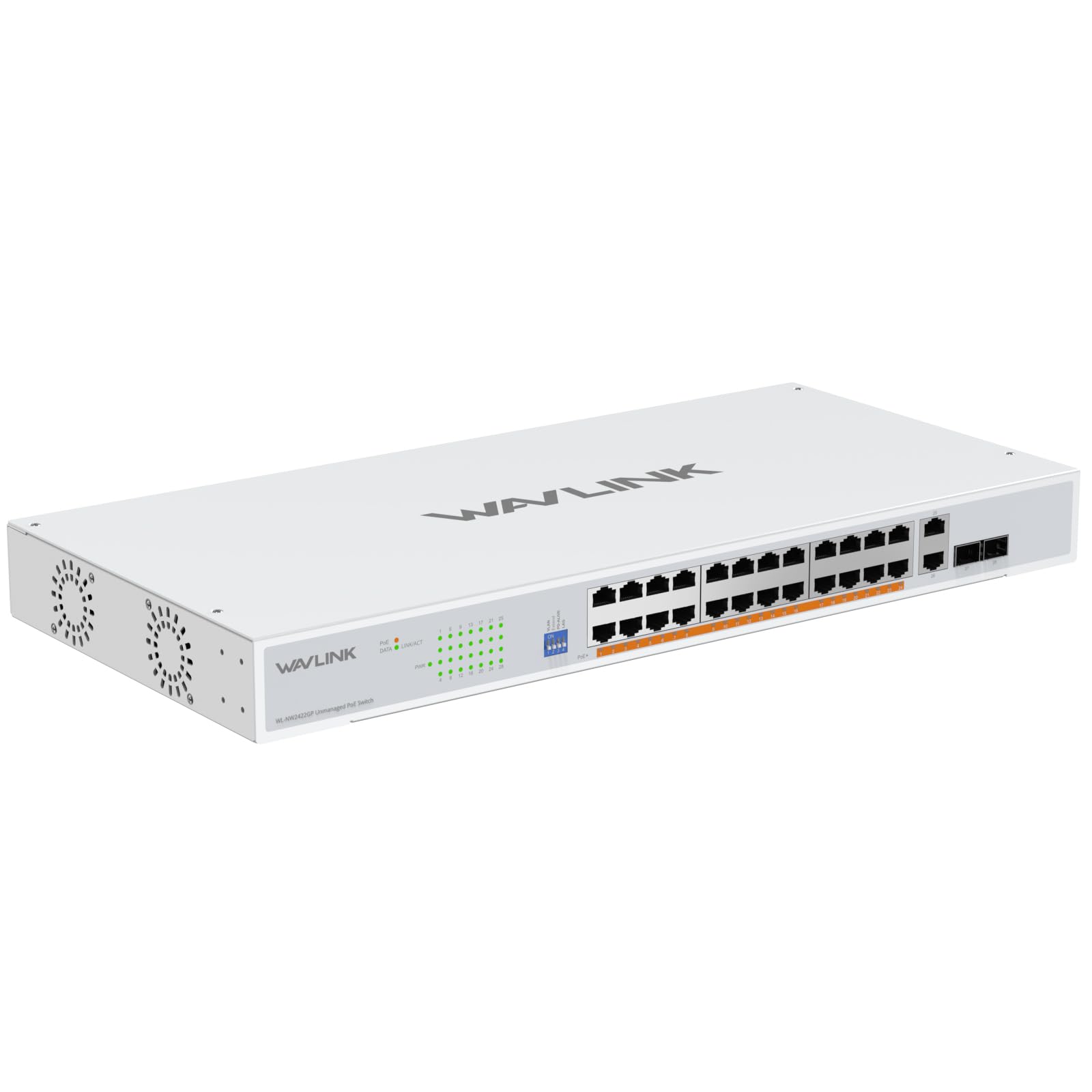 Wavlink a 28 porte Switch Gigabit Ethernet, da tavolo/montaggio su rack, 24 PoE, 2 SFP, 2 porte uplink Gigabit, 250 W totali di PoE+, supporto 802.3af/at, switch non gestito