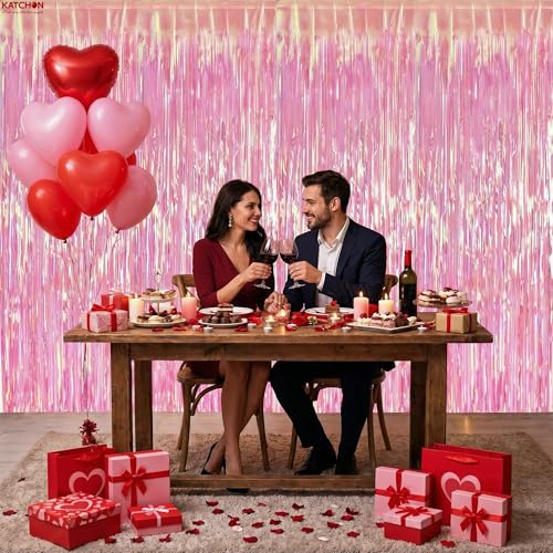 Image of KatchOn, XtraLarge Pink Streamers - 3.2x8 Feet Pack of 2 | Iridescent Backdrop for Pink Party Decorations, Slumber Party Decorations | Birthday Decor for Women, Bachelorette Party Bridal Shower