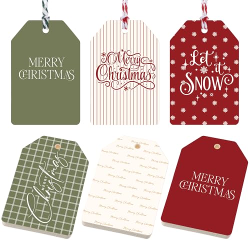 Dunzoom 60 Pcs Christmas Gift Tags with String Red White Green Christmas Hanging Paper Labels Xmas Present Name Tags for Personalizing Your Holiday Gifts DIY Xmas Present Wrapping and Label Packaging
