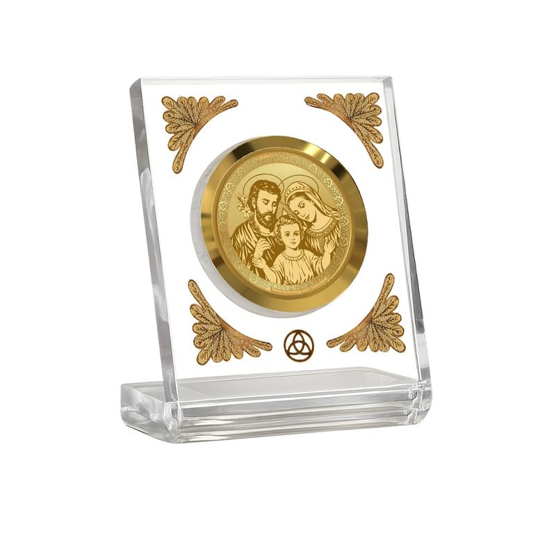 Image of DIVINITI 24K Gold Plated Holy Family Acrylic Frame for Car Dashboard, Home Temple & Office Table | Premium Spiritual Gift, Blessings for Protection & Positivity, 8x7 cm Decorative Showpiece