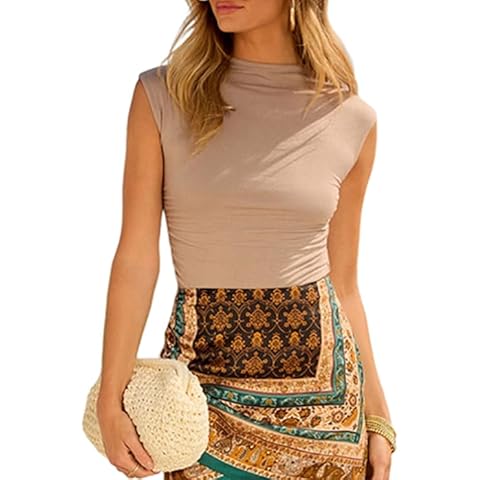 BONITEE Women's 2025 Fashion Summer Outfits Mock Neck Tank Top Basic Sleeveless Sexy Turtleneck Fitted Crop Top Nude X-Large Cover