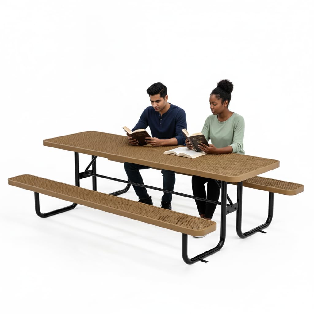 OUTTANS Commercial Heavy-Duty Metal Picnic Table - ADA Compliant, Adjustable Seats, Umbrella Hole, Expanded Metal (Brown, 8' Rectangular)