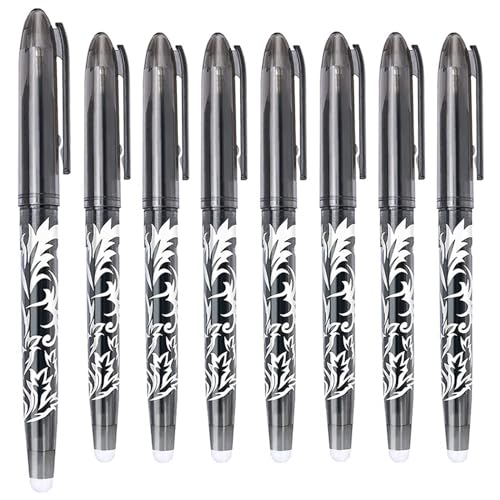 ZNDFTW 8 Pcs Erasable Pens, Erasable Pens Black, Rub Out Pens Black, 0.5mm Black Ink Eraser Pen with with Rubbers on The End, Friction Pen Black for Student Writing Stationary School Supplies