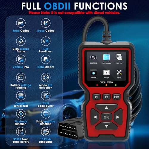 HyAdierTech OBD2 Diagnosegerät Werkzeuge, V519 OBD2 Scanner Codeleser Motorfehlercode-Lesegerät, OBDII Diagnosegerät für Protokoll, Spannungserkennung und -überwachung, Motor Prüfen, LCD-Bildschirm