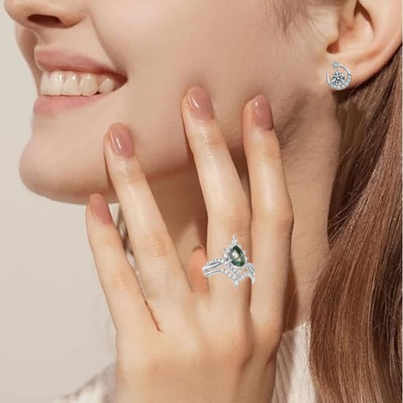1.0CT Pear Shaped Moss Agate Engagement Rings for Women 14K Gold Plated 925 Sterling Silver Natural Moss Agate Ring Set Twisted Infinity Ring Vintage Halo Bridal Set 2pcs V Shaped Wedding Band Anniversary - Image 3