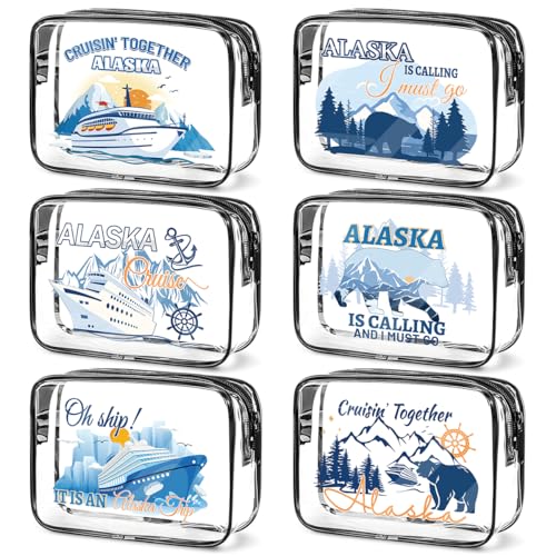 SEAOYOZO 6 Pcs Clear Alaska Makeup Bags Gifts for Women, Beach Cruise Cosmetic Bag,Alaska Cruise Essentials, Travel PVC Waterproof Toiletry Bags for Girls Sister Daughter Nurse Teacher