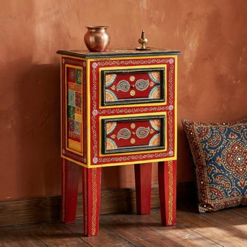 Image of Wooden Bedside Table for Bedroom with Drawer | Solid Wood Handcrafted Bed Side Table | Antique Side Table for Home Decor | Decorative Chest of Drawer for Living Room (Red)