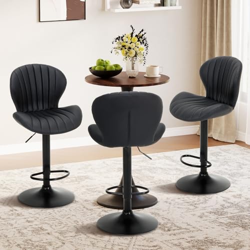MALOL Bar Stools Set of 3, Modern Swivel Bar Chairs, Adjustable Faux Leather Upholstered Barstools Counter Height with High Backrest for Kitchen Island, Bar, Dining Room, Black