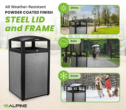Image of Alpine 40-Gallon Outdoor Commercial Trash Can with Locking Lid - Heavy-Duty Weather-Resistant Metal Garbage Bin with Removable Liner for Parks, Restaurants & Public Spaces