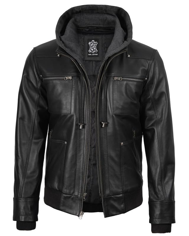 Image of Decrum Detachable Hooded Leather Jacket Men - Real Lambskin Mens Leather Jacket with Hood