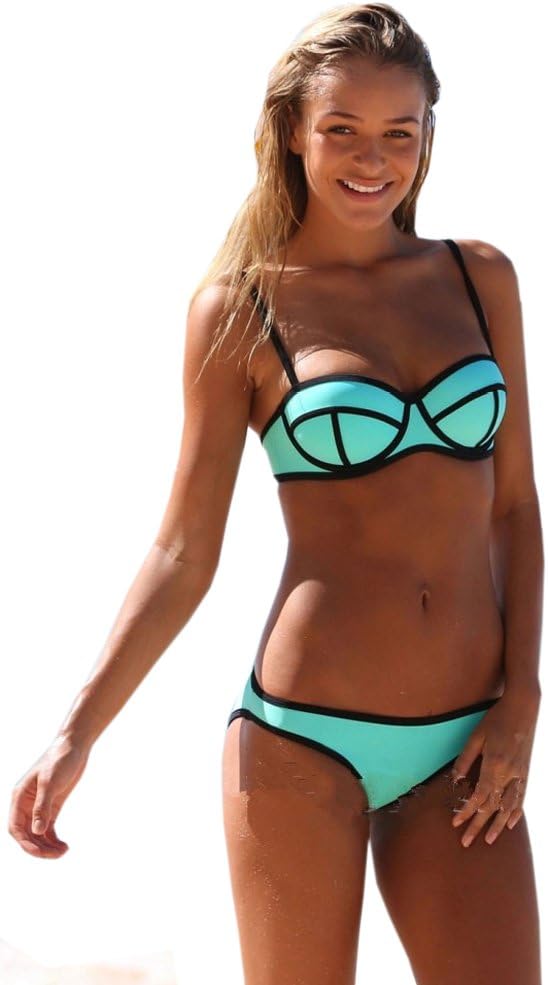 Women Neoprene Triangle Neon Push Up Tank Bathing Suit Bikini, Blue L