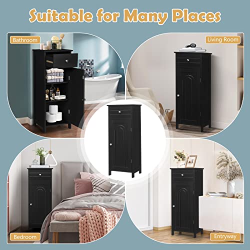 Costway Bathroom Storage Cabinet, Single Door Floor Cabinet With Drawer And 3-Level Adjustable Shelves, Modern Side Storage Organizer With Anti-Tipping Device For Living Room, Bedroom (Black) #TOP7