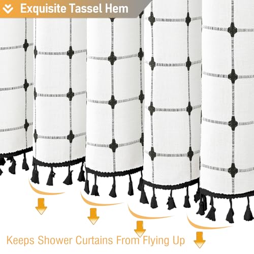 Image of BTTN White and Black Boho Shower Curtain - Linen Rustic Farmhouse Heavy Duty Fabric Shower Curtain Set with Tassel, Water Repellent, Bohemian Vintage Country Cloth Shower Curtains for Bathroom, 72x72