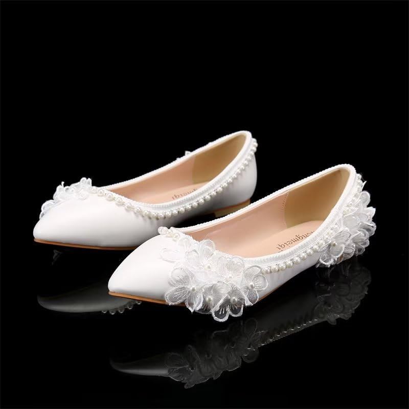 Dress First Women Low Heel Closed Toe Pumps Pointy Wedding Bridal Shoes with Stitching Lace3