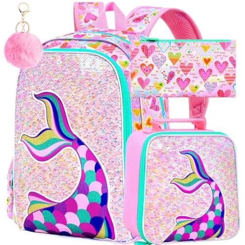 Image of CCJPX 16 inch Mermaid Backpack for Girls, 3Pcs Kids Sequin Bookbag with Lunch Box, Water Resistant Elementary School Bag for Kindergarten Preschool Toddler (Pink)