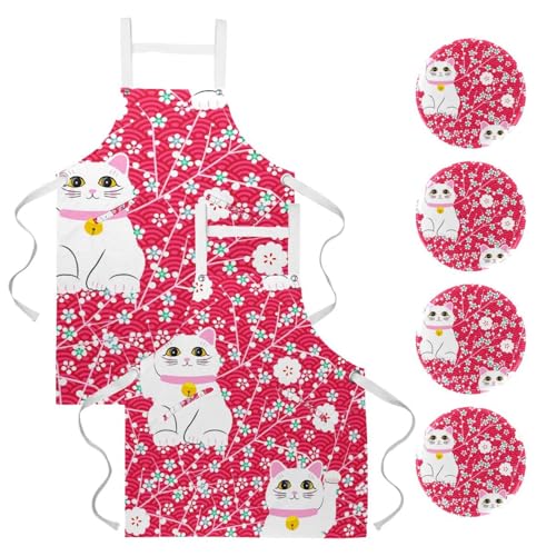 Tablier de serveuse de restaurant avec poches motif chat japonais